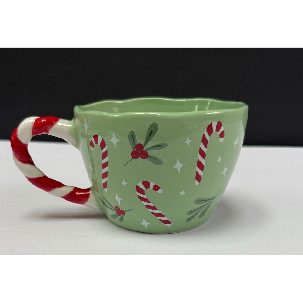 Sunday Morning Ceramics Christmas Mug Green Candy Cane Handle Mistletoe Holiday - Picture 3 of 6